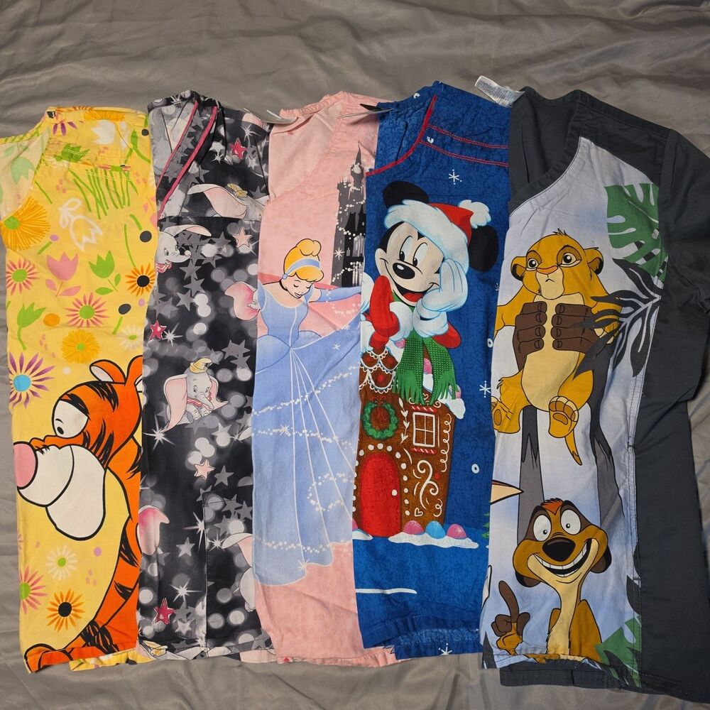 Lot of 5 Disney Scrubs Tops S Mickey Dumbo Lion King Cinderella Tigger